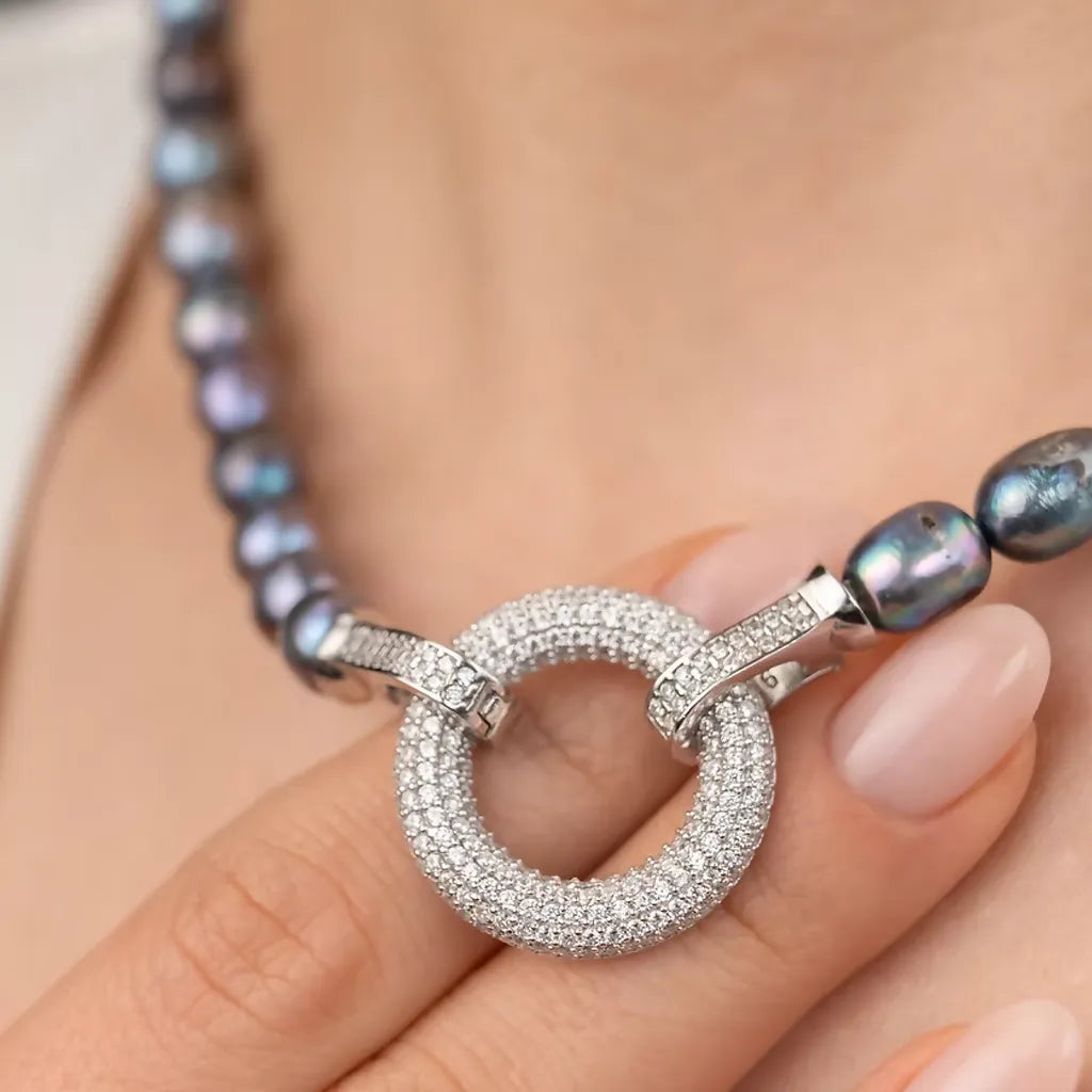 9-1 Siyah İncili Gümüş Halka Kolye mzkcb0-gy.myshopify.com