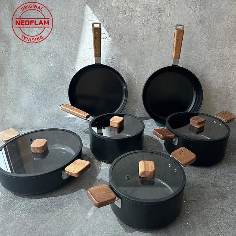 Neoflam Bien Black 10-Piece Induction Pot and Pan Set with Acacia Wood Handles