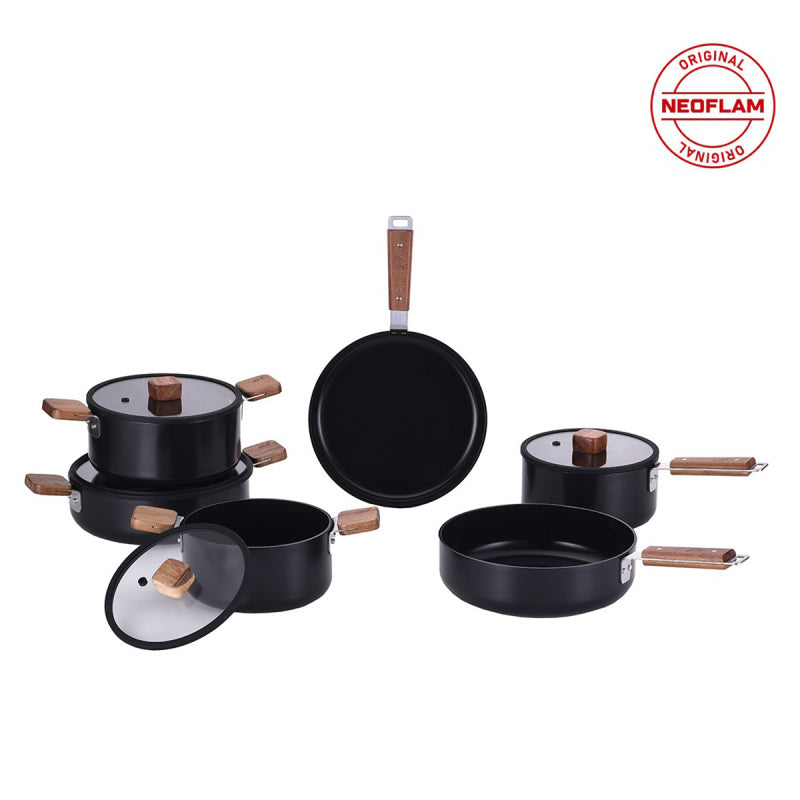 Neoflam Bien Black 10-Piece Induction Pot and Pan Set with Acacia Wood Handles