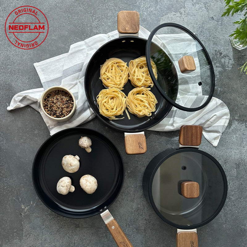 Neoflam Bien Black 5 Piece Induction Pot and Pan Set with Acacia Wood Handles