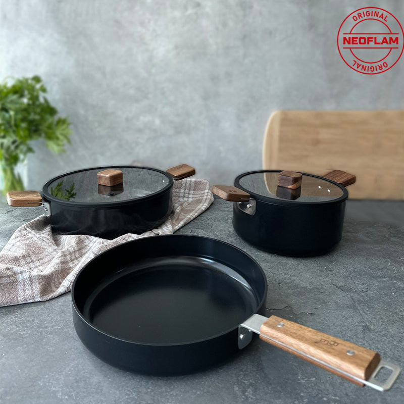Neoflam Bien Black 5 Piece Induction Pot and Pan Set with Acacia Wood Handles