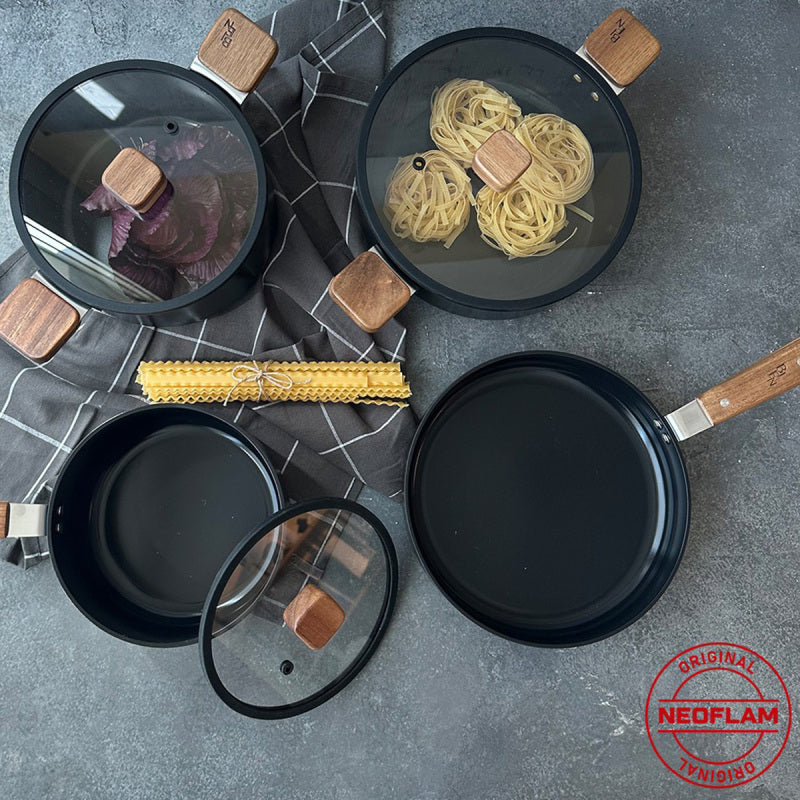 Neoflam Bien Black 7 Piece Induction Pots and Pans Set with Acacia Wood Handles