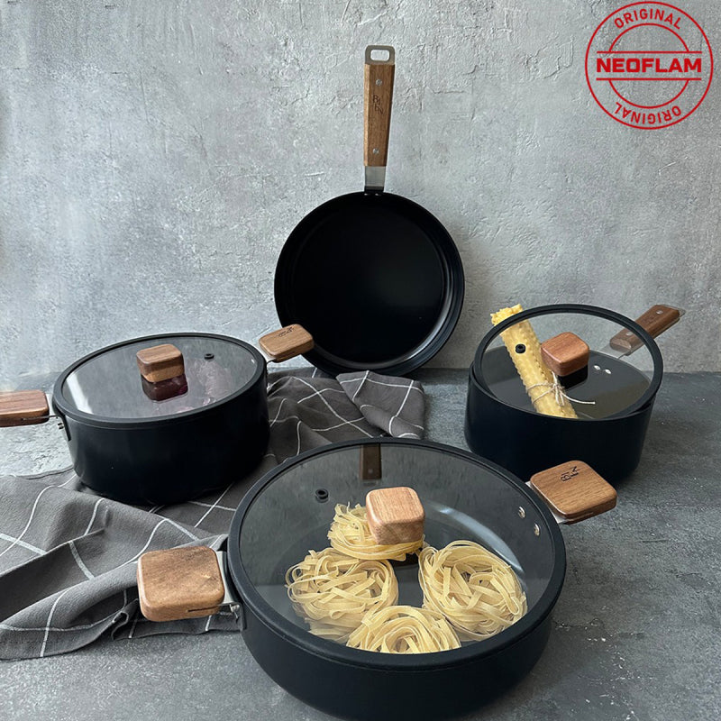 Neoflam Bien Black 7 Piece Induction Pots and Pans Set with Acacia Wood Handles
