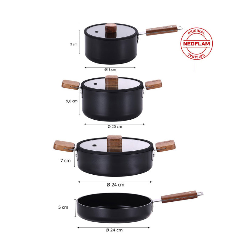 Neoflam Bien Black 7 Piece Induction Pots and Pans Set with Acacia Wood Handles