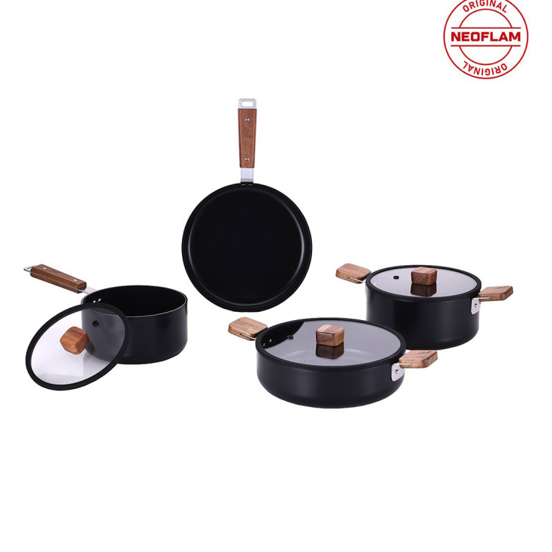 Neoflam Bien Black 7 Piece Induction Pots and Pans Set with Acacia Wood Handles