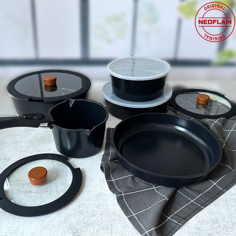 Neoflam Midas Black 11-Piece Detachable Handle Nesting Induction Pot and Pan Set