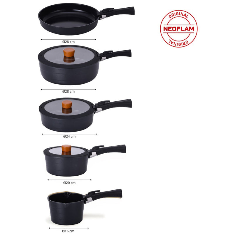 Neoflam Midas Black 11-Piece Detachable Handle Nesting Induction Pot and Pan Set