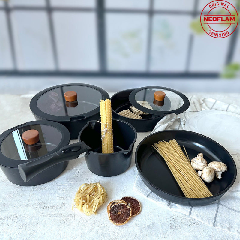 Neoflam Midas Black 11-Piece Detachable Handle Nesting Induction Pot and Pan Set